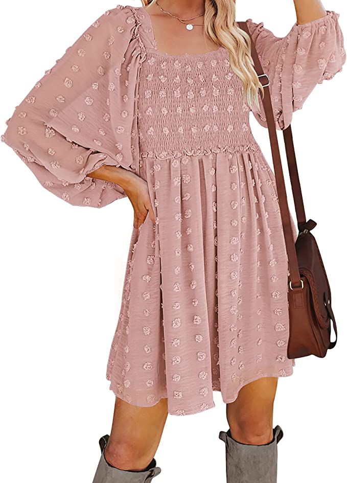 ZCSIA Women's Puff Long Sleeve Square Neck Ruffle Flowy Swiss Dot Babydoll Mini Dress with Pocket... | Amazon (US)