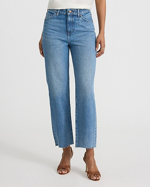 High Waisted Light Wash Raw Hem 50/50 Rigid Stretch Straight Ankle Jeans | Express