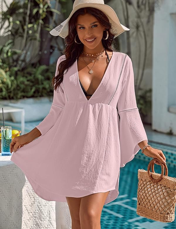 Blooming Jelly Womens Swimsuit Coverup V Neck Chiffon Bathing Suit Beach Dress Flowy Swim Bikini Cov | Amazon (US)