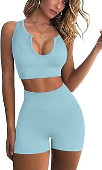 FAFOFA Seamless Workout Sets for Women Ribbed Sport Bra High Waist Running Shorts Gym 2 Piece Yog... | Amazon (US)