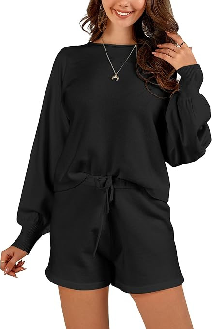 FISACE Womens 2 Piece Knit Outfits Batwing Sleeve Lounge Sets Casual Crop Top Shorts Sweatsuit | Amazon (US)