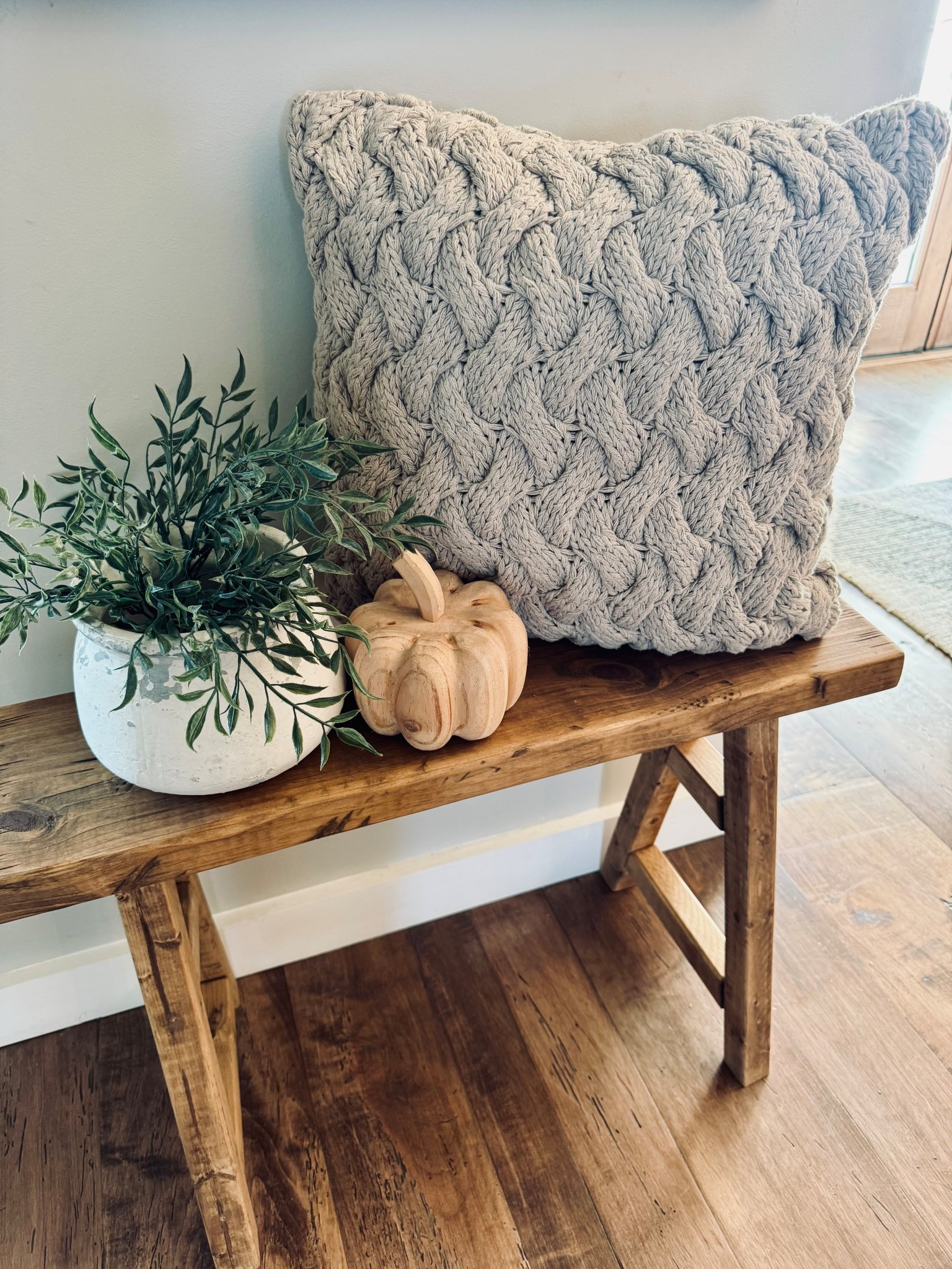 Touches of neutral fall throughout! 
Neutral fall decor, fall, wooden pumpkin, wooden bench, interior style 

#LTKHome #LTKSeasonal