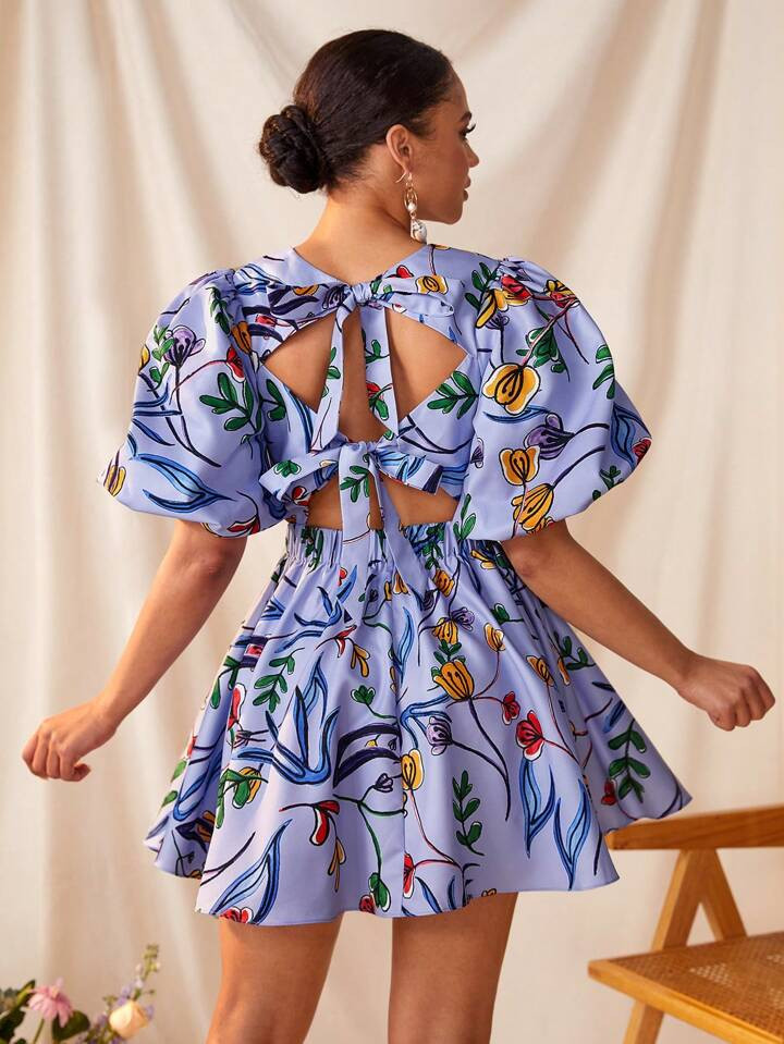 EBIB Boho Bohemian Floral Prints Front Twisted Wrap Cut Out Back Detail Dress, Concert Outfit Designer, Festival, Prom Dress | SHEIN