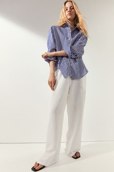 Linen-blend Shirt - Long sleeve - Regular length - Bright blue/striped - Ladies | H&M US | H&M (US + CA)
