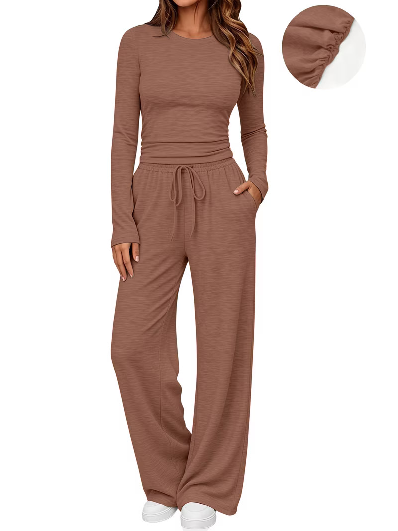 UVN Winter Womens 2 Piece Outfit Sets Ruched Long Sleeve Top and Wide Leg Pants Casual Loungewear... | Walmart (US)