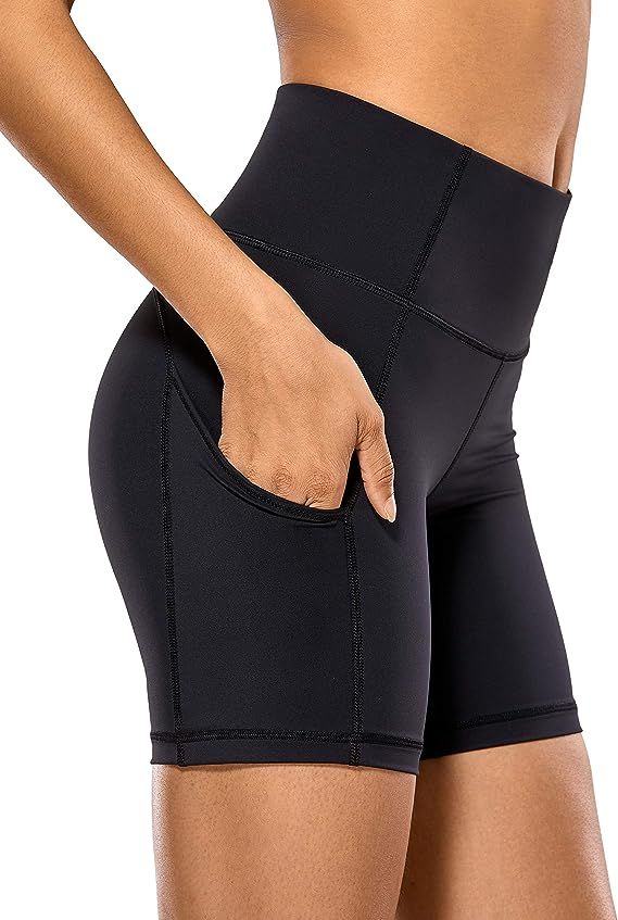 CRZ YOGA Women's High Waisted Gym Biker Workout Compression Running Shorts Pockets - Naked Feelin... | Amazon (US)