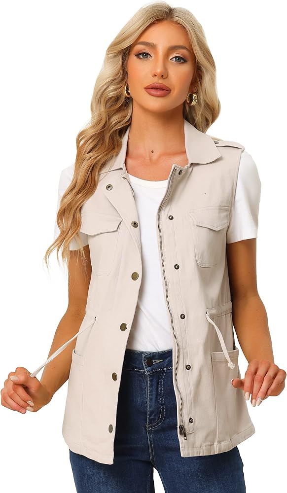 Allegra K Women's Zip Up Sleeveless Jacket Utility Anorak Outwear Cargo Vest | Amazon (US)
