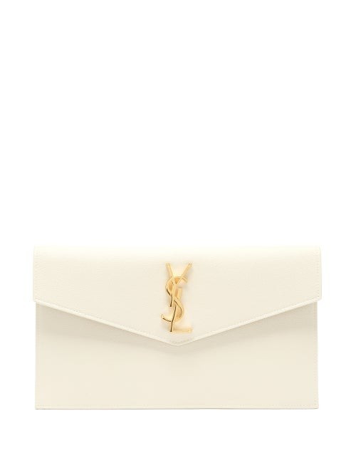 Saint Laurent - Uptown Ysl-plaque Grained-leather Clutch - Womens - Beige | Matches (US)