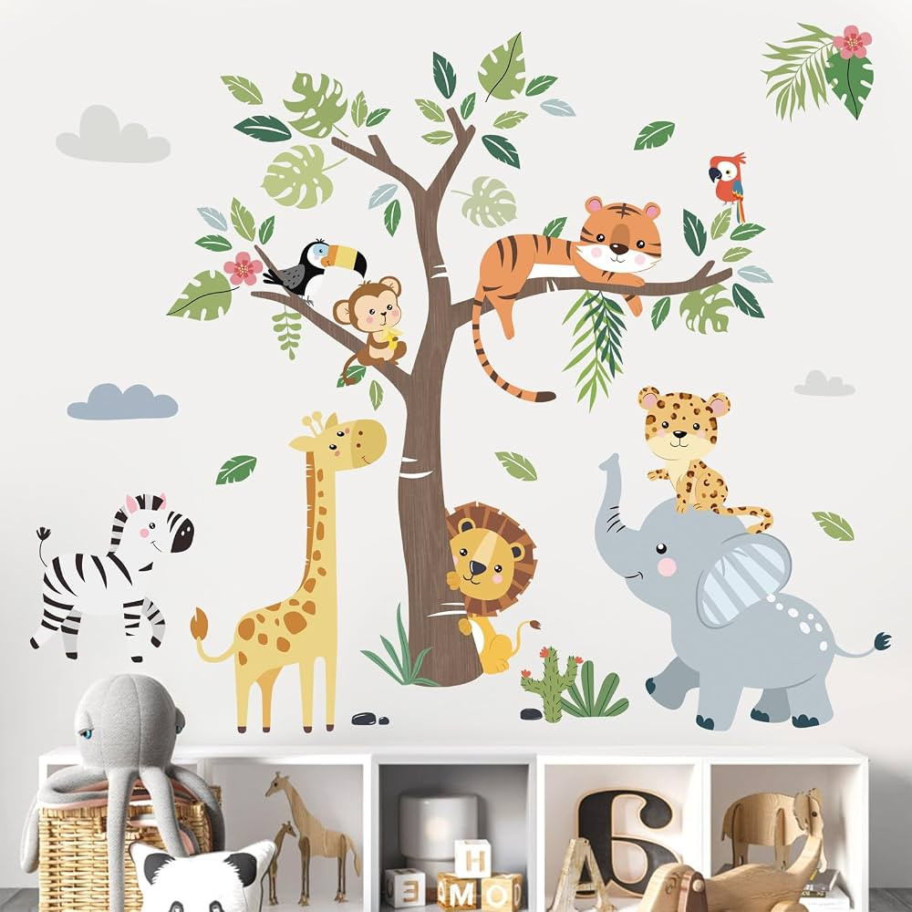 decalmile Jungle Animals Tree Wall Decals Elephant Giraffe Lion Safari Wall Stickers Baby Nursery... | Amazon (US)