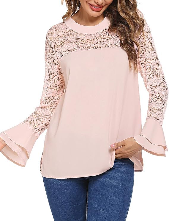 SoTeer Lace Top Women's 3/4 Ruffle Bell Sleeve Blouse Boatneck Chiffon Tops S-XXL | Amazon (US)