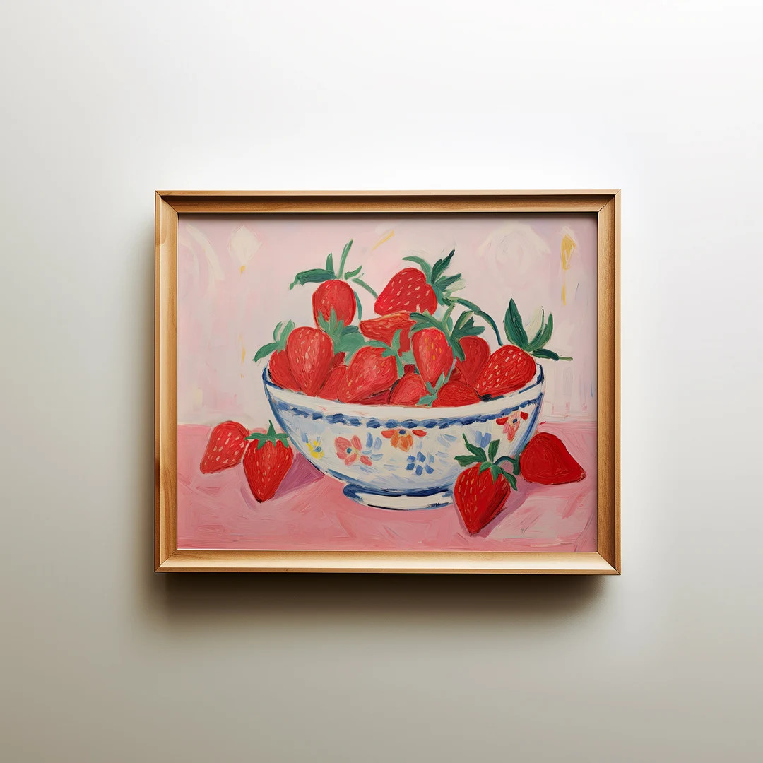 Strawberry Wall Art Print, Strawberries Bowl Printable Art, Pink Kitchen Wall Decor, Digital Down... | Etsy (US)