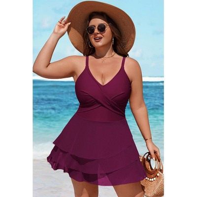 Charmo Women's Plus Size Swim Dress Swimsuit Mesh Ruffle One Piece Tummy Control Bathing Suit Front Cross Swim Suits Burgundy 4X | Target