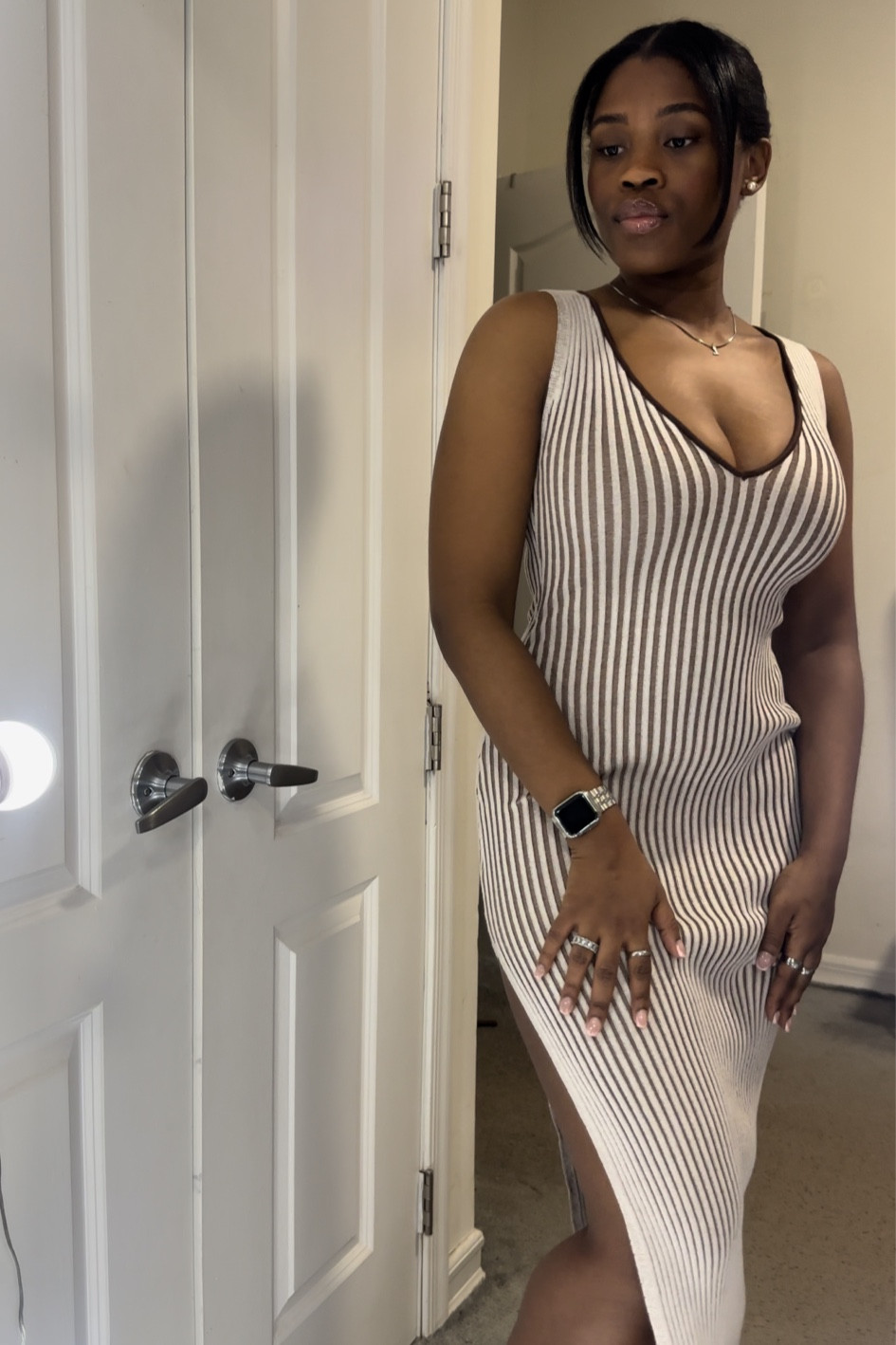 Quality knit dress with a side slit that is great for the holiday season! 