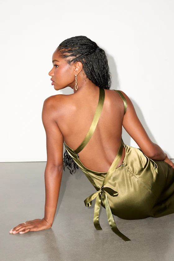 Yvonne Olive Green Satin One-Shoulder Midi Dress | Lulus