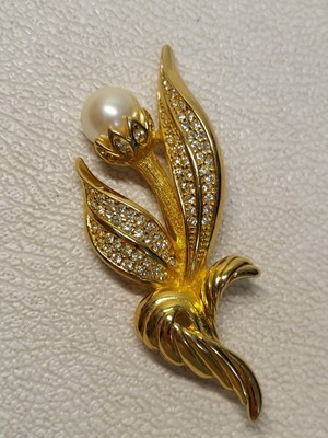 Vintage Christian Dior Signed Brooch Gold Tone Rhinestone Pearl Flower Pin 3in | eBay US
