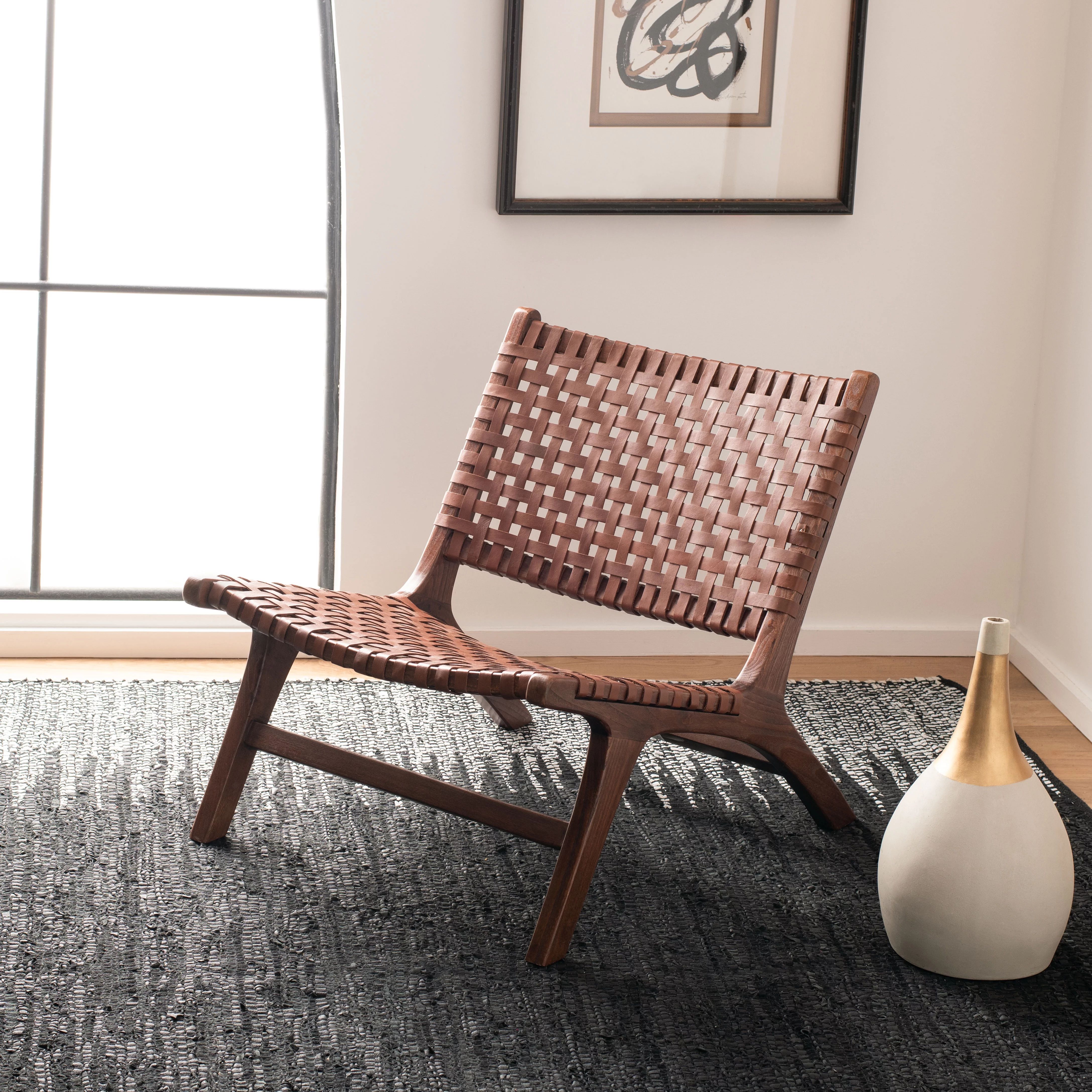 Safavieh Luna Modern Leather Woven Accent Chair, Brown/Cognac - Walmart.com | Walmart (US)