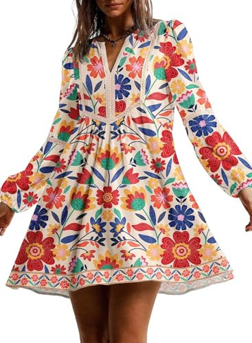 Dokotoo Spring Dresses for Women 2026 Casual Boho Floral V Neck Long Sleeve High Waist A-Line Easter Dresses Country Concert Outfits Beach Vacation Clothes Flowy Sundresses Red Small | Amazon (US)