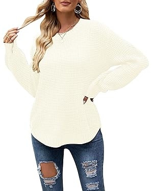 MEROKEETY Women's 2023 Fall Casual Fall Waffle Knit Sweater Long Balloon Sleeve Loose Pullover Ju... | Amazon (US)