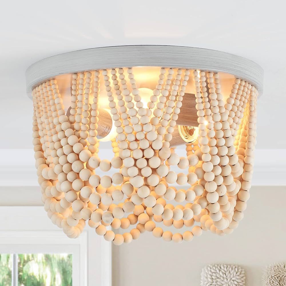 MhyTogn Wood Beaded Chandelier, Oak White Boho Farmhouse Light Fixture, Semi Flush Mount Ceiling ... | Amazon (US)