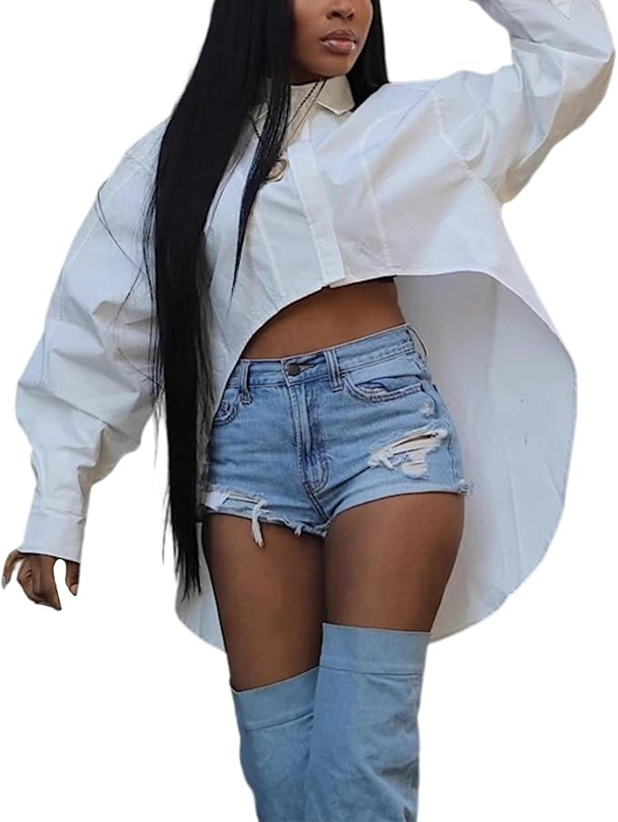 Voghtic Women's Asymmetrical Long Sleeve Button Down High Low Shirt Blouse Top | Amazon (US)