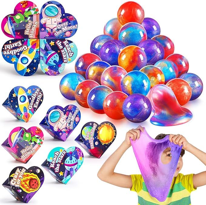 30 Pack Valentines Day Gifts for Kids Galaxy Slime Ball Kits with Cards Valentine Party Favors Va... | Amazon (US)