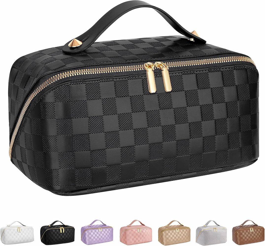 ALEXTINA Large Capacity Travel Cosmetic Bag - Portable Makeup Bags for Women Travel Toiletry Bag Waterproof Leather Checkered Makeup Organizer Bag, Roomy Cosmetic Bag for Women and Girls, Black | Amazon (US)