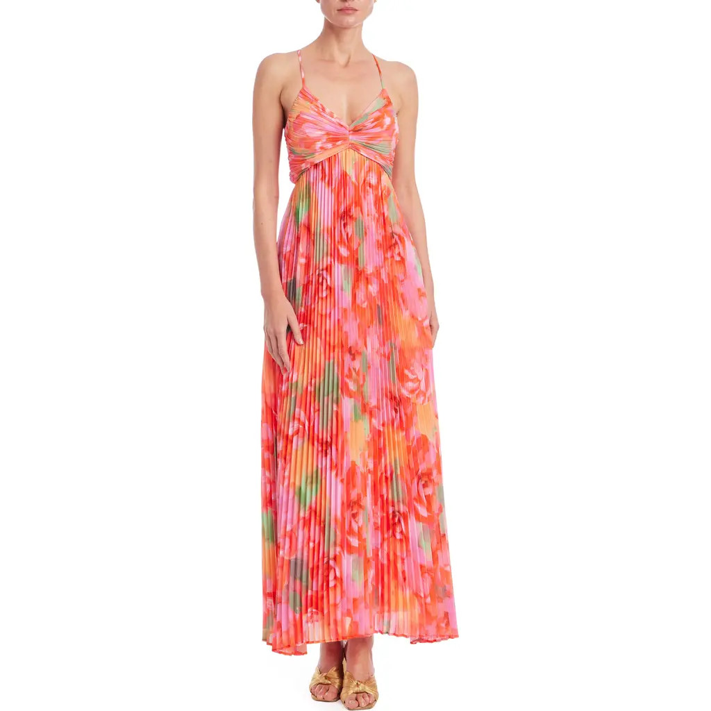 Jewel Badgley Mischka Floral Pleated Open Back Gown in Coral Multi at Nordstrom, Size 12 | Nordstrom