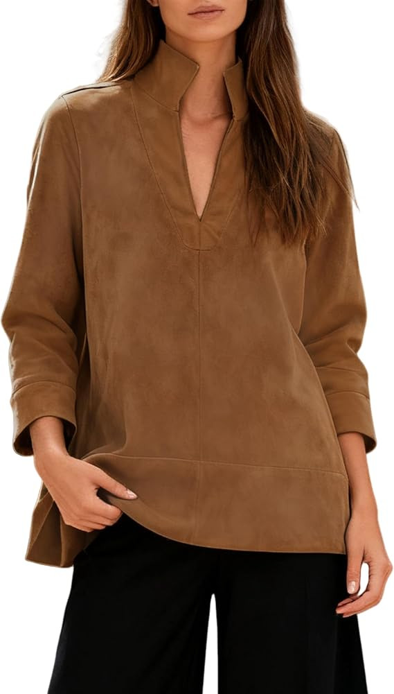 Yidarer Women's V-Neck Faux Suede Blouse 3/4 Sleeve Stand Collar Relaxed Fit Tunic Top for Casual... | Amazon (US)