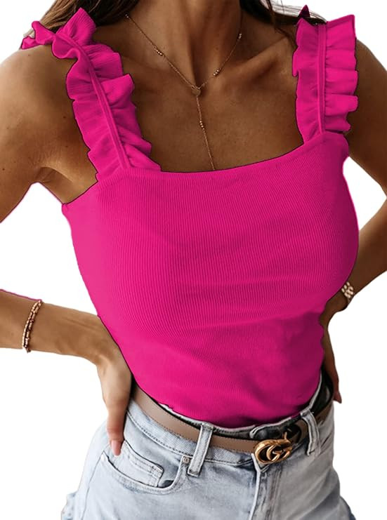 Remidoo Women's Causal Sleeveless Frill Trim Strap Ribbed Knit Cami Tank Top | Amazon (US)