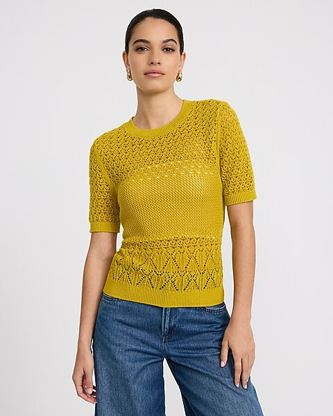 Cotton Open Stitch Crew Neck Sweater Tee | Express