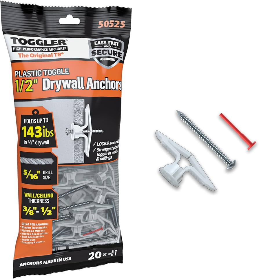 TOGGLER Toggle TB Drywall Anchor with Screws, 20 Pack, 3/8" to 1/2" | Amazon (US)
