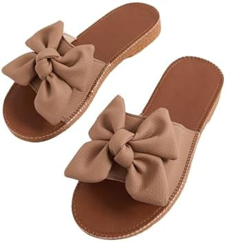 Verdusa Women's Bow Knot Flat Sandals Open Toe Slides Leather Summer Slippers | Amazon (US)