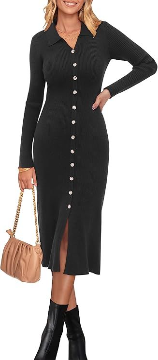 Newshows Womens Fall Sweater Dress 2024 Long Sleeve Oufits Trendy Bodycon Split V Neck Ribbed Kni... | Amazon (US)