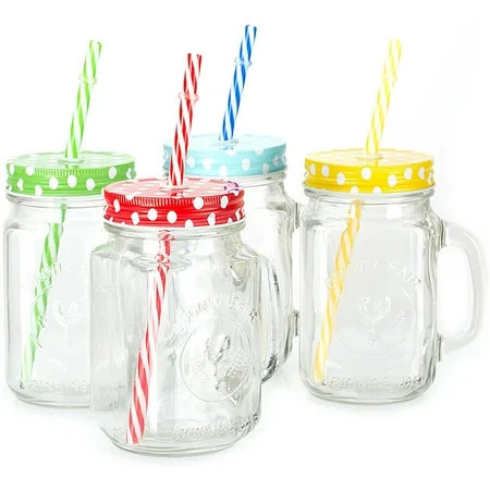 Mason Jar Mugs with Handle, multi COLORED Lids and Plastic Straws. 16 Oz. Each. Old Fashion Drinking Glasses - pack of 4 by Premium Vials | Walmart (US)
