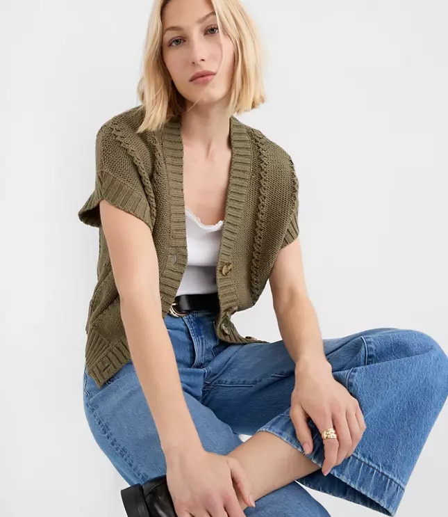Pointelle Textured Short Sleeve Cardigan | LOFT