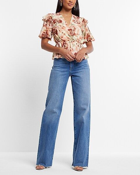 Floral Faux-Wrap Puff Sleeve Peplum Top | Express