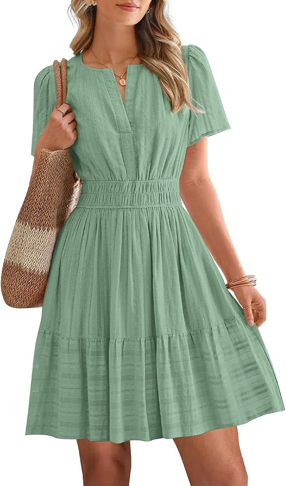 BTFBM Womens Spring 2026 Casual Mini Dresses Lightweight Short Sleeve V Neck Elastic Waist Cute B... | Amazon (US)