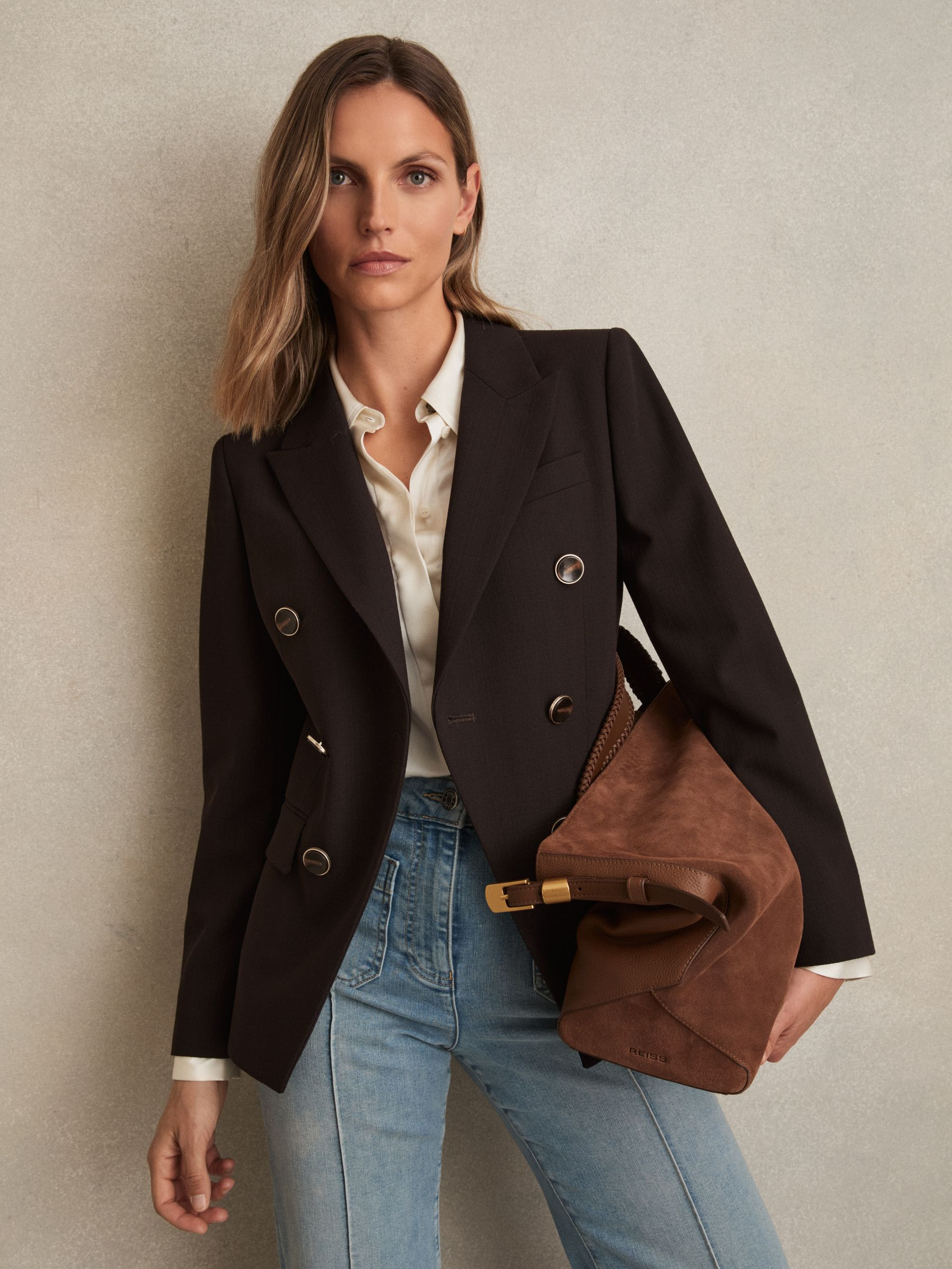 Wool-Blend Double-Breasted Blazer in Chocolate Brown | Reiss DE