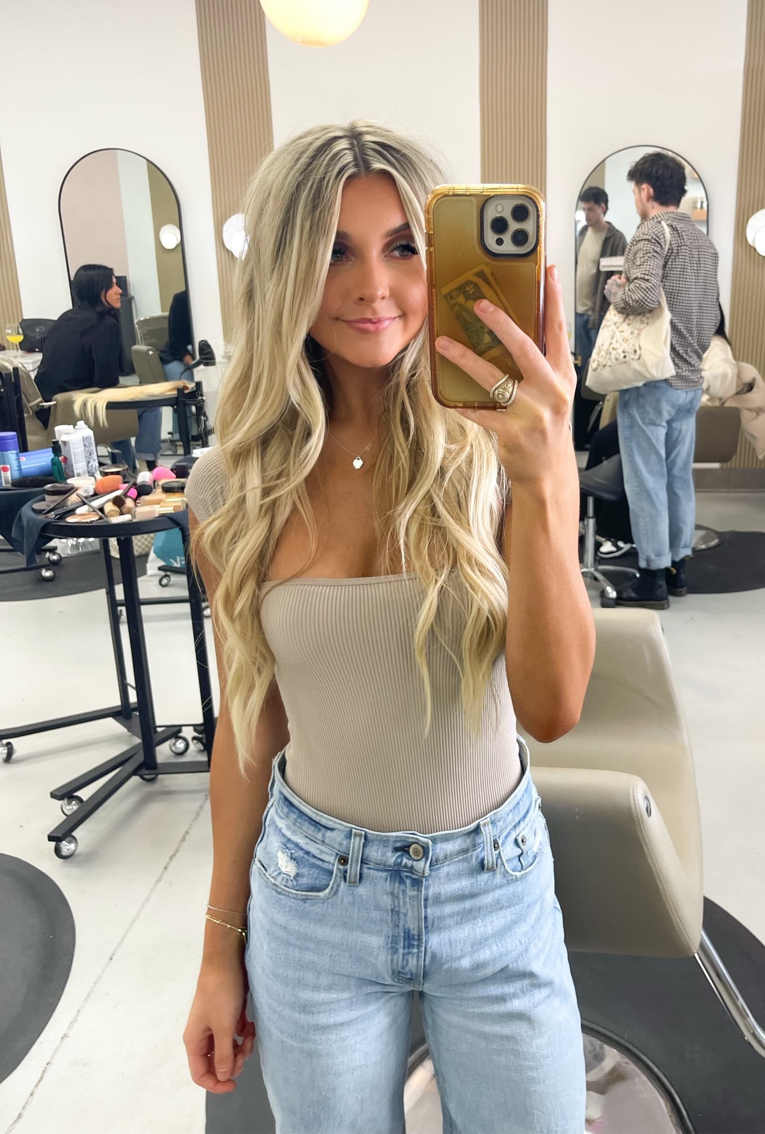 denim | jeans | spring | neutral | basics | bodysuit | ribbed bodysuit | abercrombie | blonde hair | extensions | light wash | jean | 

#LTKunder50 #LTKunder100 #LTKstyletip