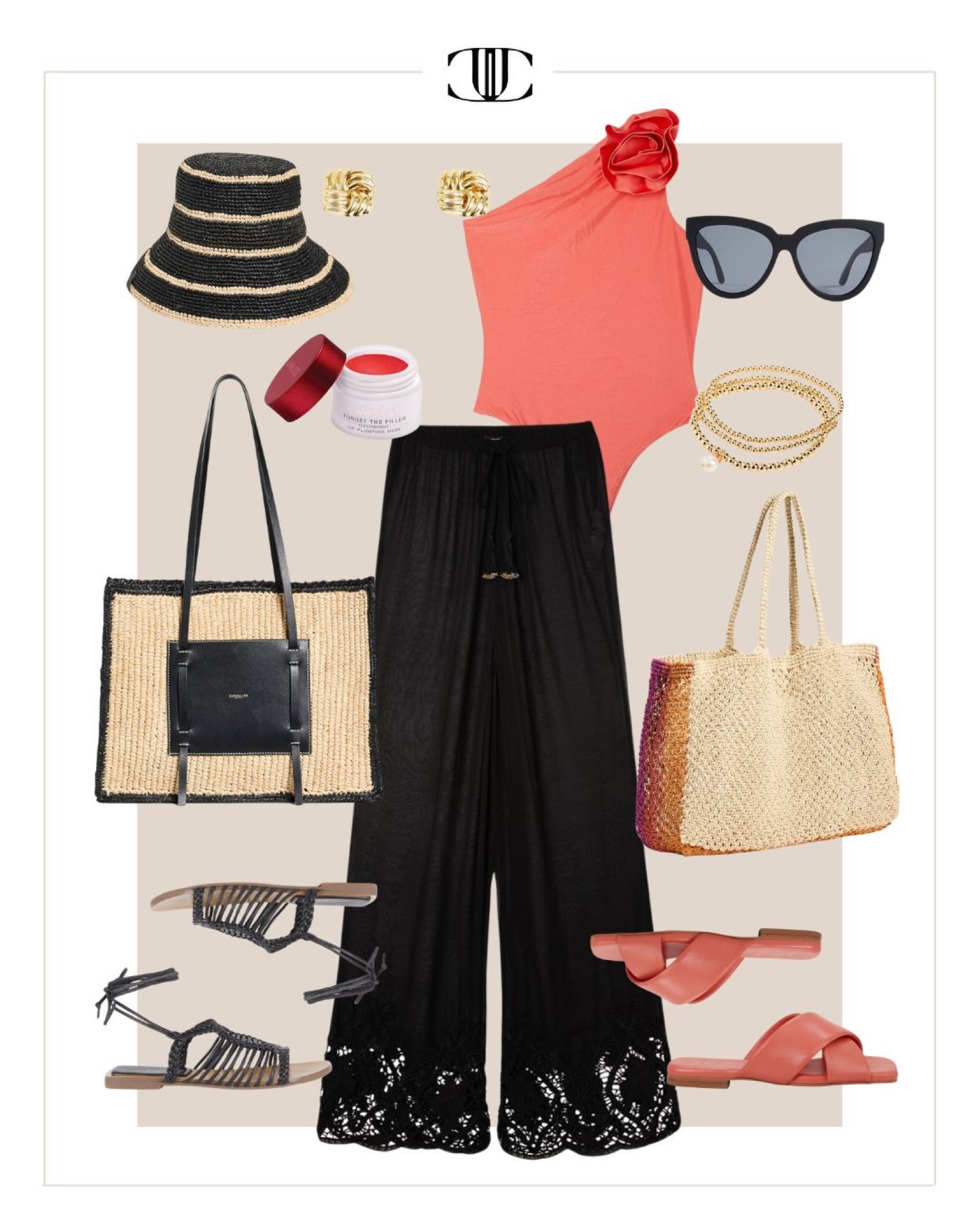 You can never go wrong with a pretty one piece swimsuit. Make it asymmetric to add interest and dimension. 

One piece swimsuit, bathing suit, cover-up, beach pants, embroidered pants, tote, strappy sandals, slides, bucket hat, clutch, summer hat, summer outfit, summer look, travel outfit

#LTKstyletip #LTKshoecrush #LTKover40