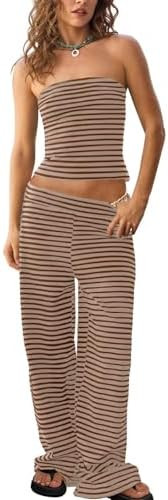 Tankaneo Womens Striped 2 Piece Set Summer Tube Tops Pants Matching Sets | Amazon (US)