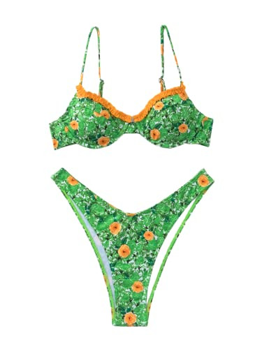 Floerns Women's Floral Frill Trim Underwire High Cut Two Piece Bikini Swimsuit | Amazon (US)