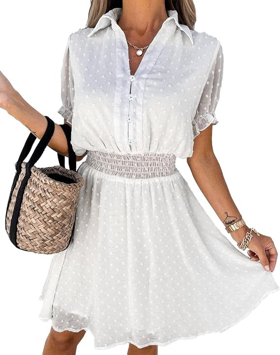 PRETTYGARDEN Women's Summer Dress Casual V Neck Short Sleeve Swiss Dots Elastic Waist A-line Flow... | Amazon (US)