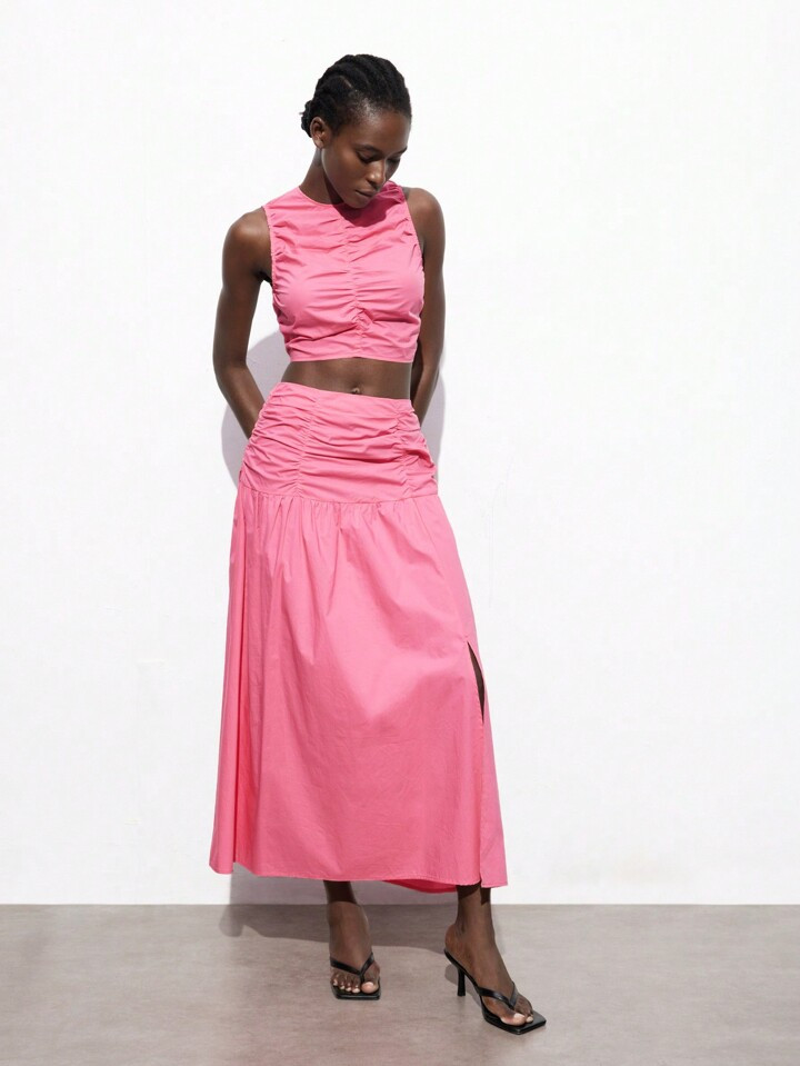 SHEIN Maija Going Out Sets Women's Two Piece Set: Watermelon Pink Ruffle Top And Pleated Skirt | SHEIN