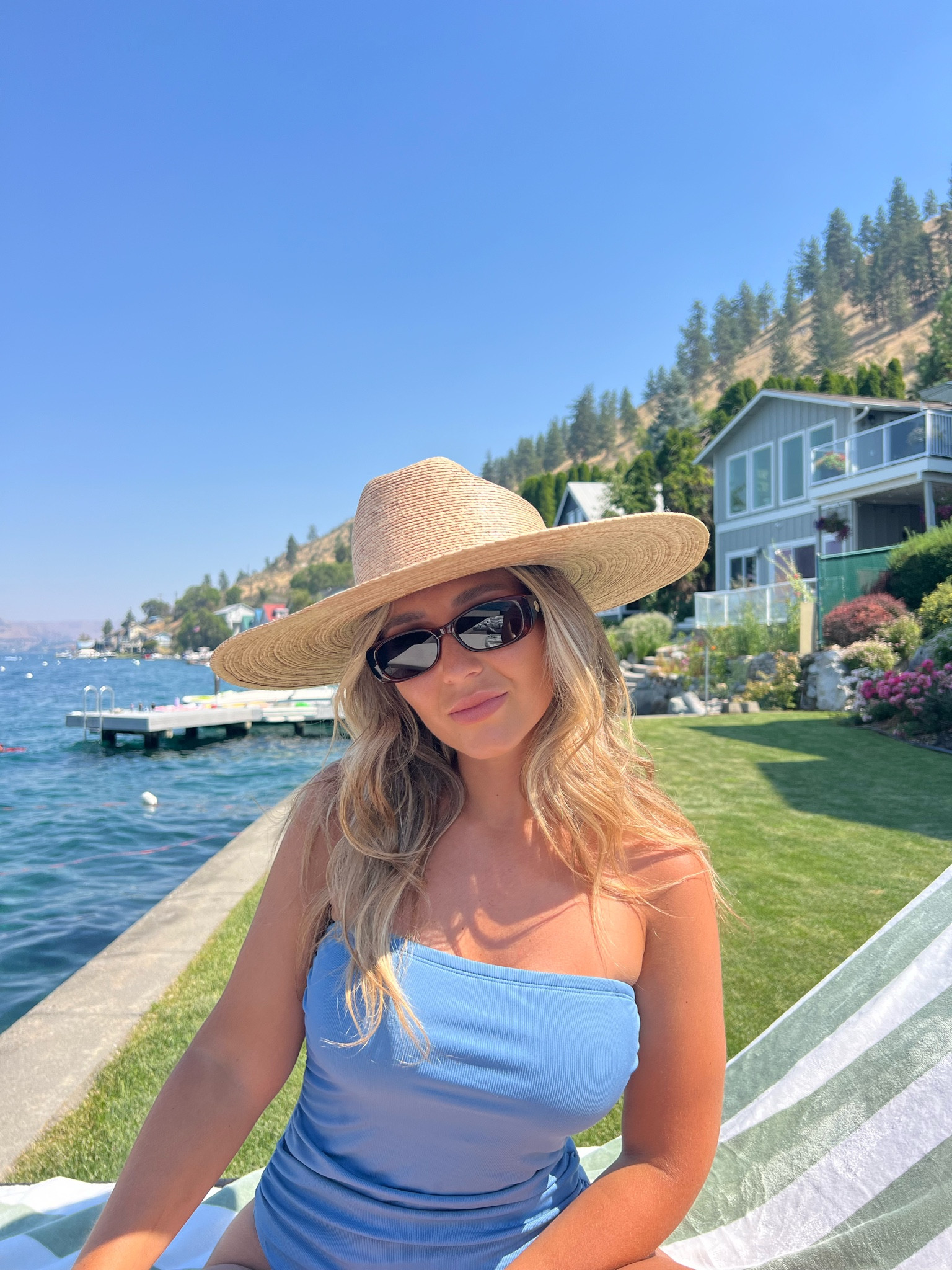 Blue cheeky one piece swim. Lack of colours fedora hat. Le specs sunnies. Palma Hat. Beach outfit 

#LTKActive #LTKSeasonal #LTKOver40