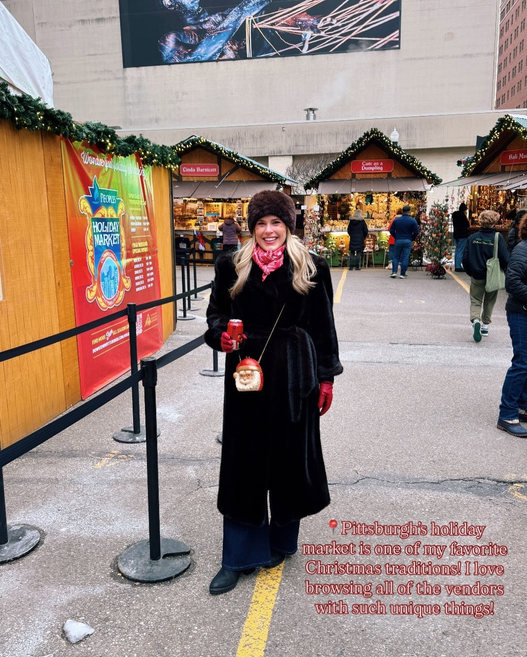 A stroll through the #pittsburgh holiday market is a Christmas tradition I never miss out on! So many fun and creative vendors. I snagged an adorable ornament and scroll to the end to see the cute bracelet I got! Had to layer up because it was so cold and this faux fur coat kept me nice and warm! Mg outfits are on ShopMy and LTK! #classicstyle #grandmillennial #grandmillenialstyle #pittsburghinfluencer