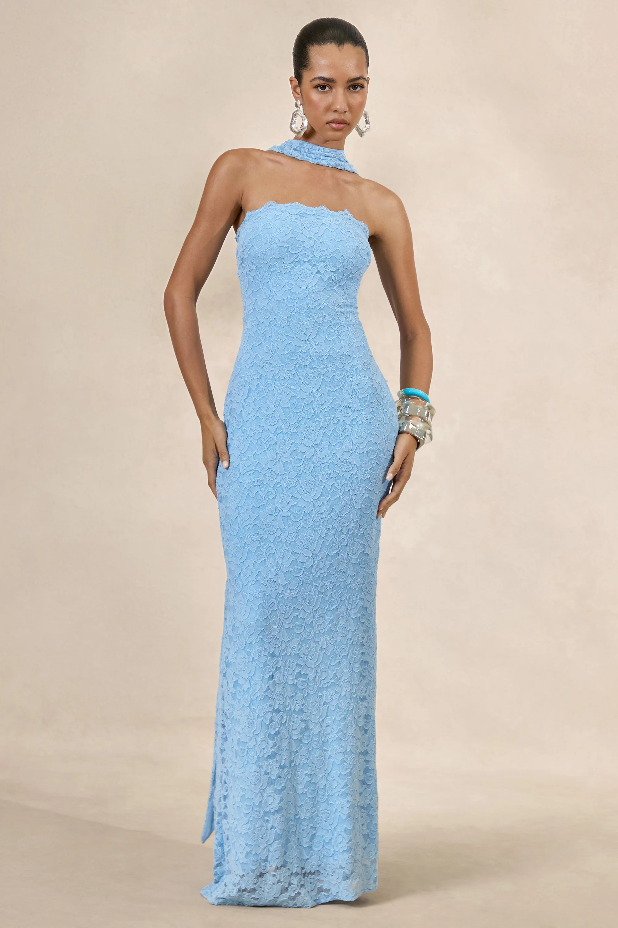 Massima | Light Blue Lace Bandeau Maxi Dress With Scarf-Detail | Club L London