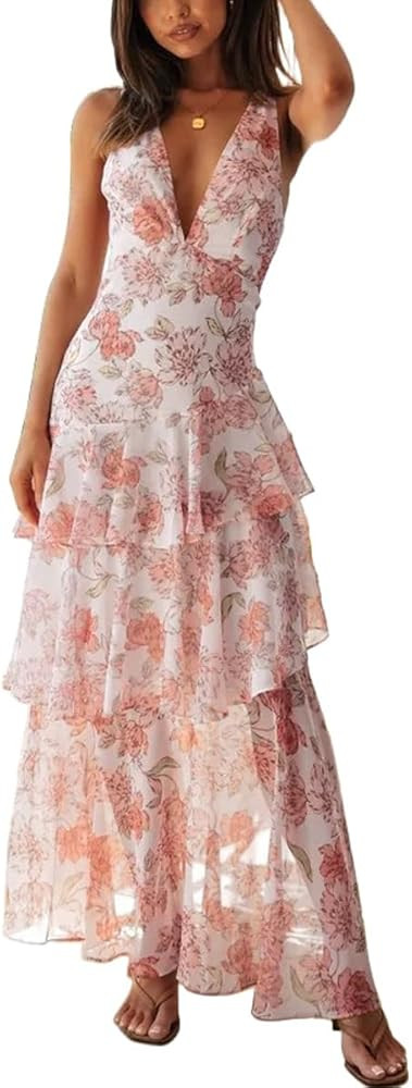 Women's Floral Maxi Dress Sexy Deep V Neck Backless Ruffles Dresses Beach Party Wedding Guest Dre... | Amazon (US)