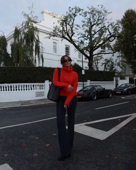 Dark navy tailored flared trousers, suit trousers, oversized bag, red knit sweater, autumn outfit ideas, fall outfits, fashion trends 2023, cosy knitwear, tailored trousers 

#LTKeurope #LTKworkwear #LTKstyletip