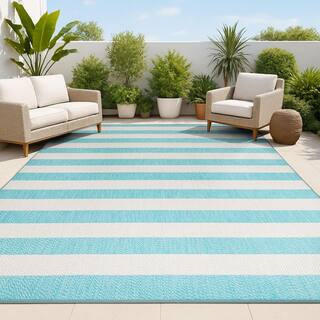Negril Two-Tone Wide Stripe Aqua/Cream 3 ft. x 5 ft. Indoor/Outdoor Area Rug | The Home Depot